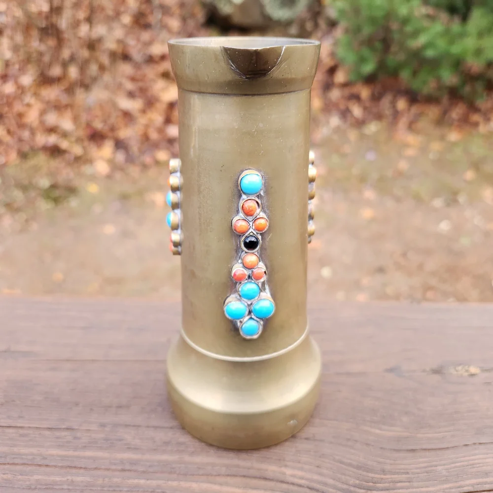 Vintage Brass Pitcher with Turquoise, Red And Black Stones